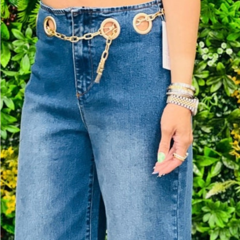 Gold grommet chain belt jeans